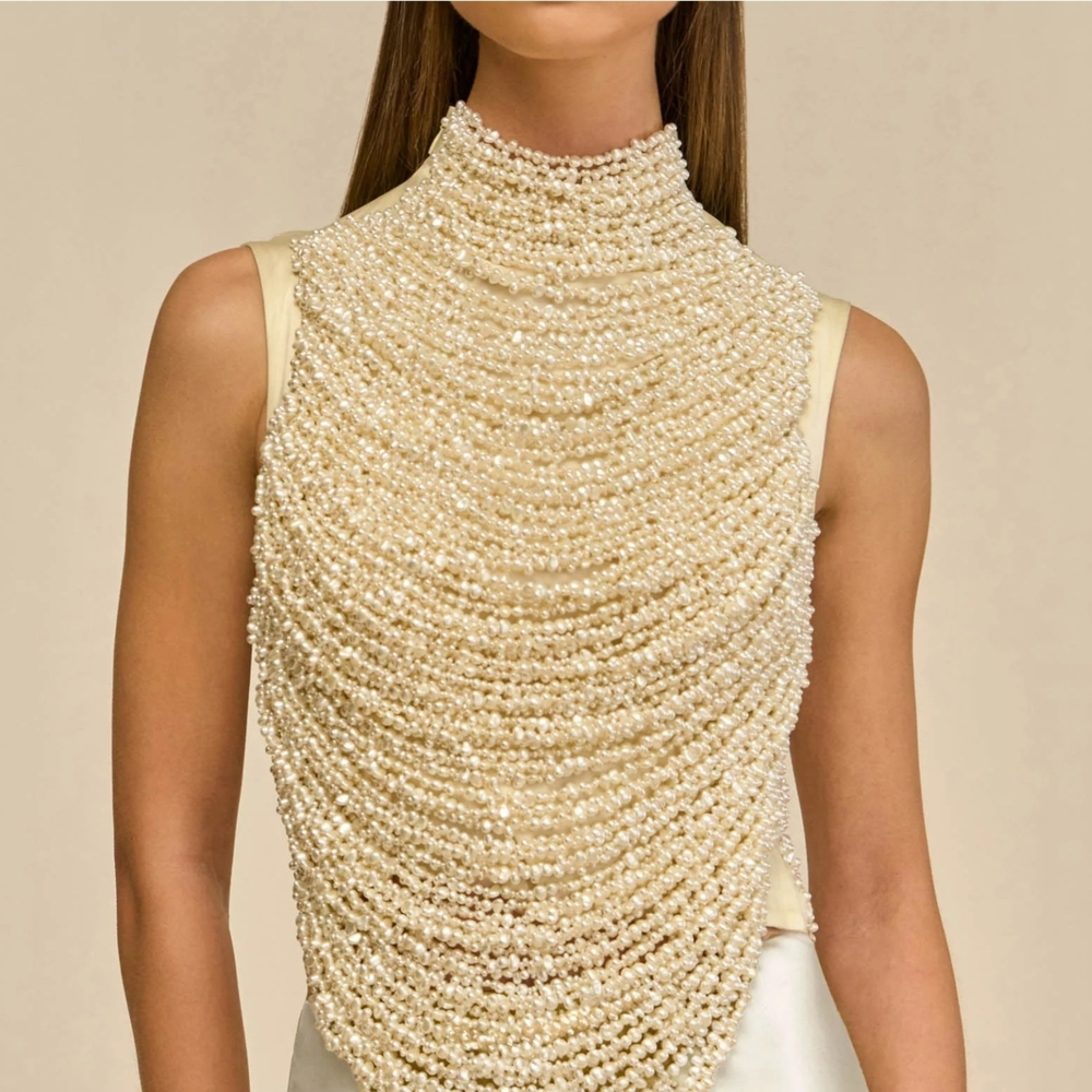 cult gaia Cream Pearl-Embellished Sleeveless Bib Top